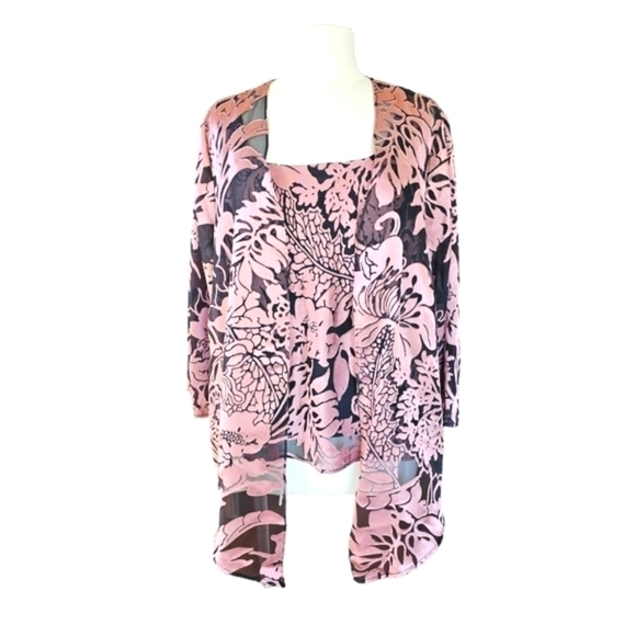 ALEX EVENINGS Womens Pink Black Floral Jacquard Top Sheer Cardigan Set Size L - Picture 2 of 14